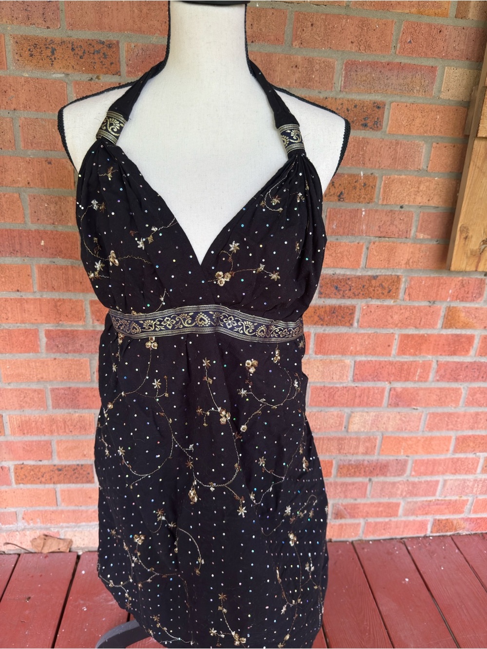 Black Embellished Halter Dress with Gold Accents